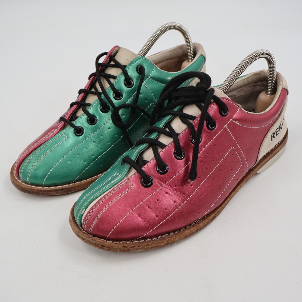 Classic Bowling Shoes Unisex 6.5 Green Pink Metallic Leather Retro Rental Style